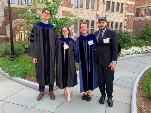 Photo of 2022 French Ph.D. Graduates from left: Tadas Bugnevicius, Chandler Abshire Calderon, Doyle Calhoun, Richard Riddick (missing from photo: Jason Hong)